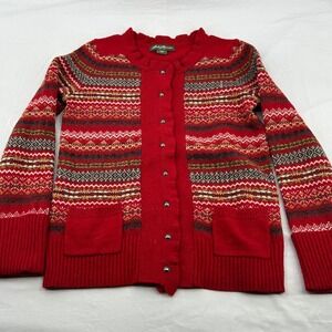 Eddie Bauer Fair Isle Cardigan Red Lambswool Nylon Button Front Pockets Size S